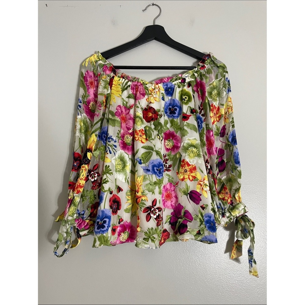 Alice + Olivia Blouse Floral Sheer Off Shoulder Tie Sleeve M Botanical Top